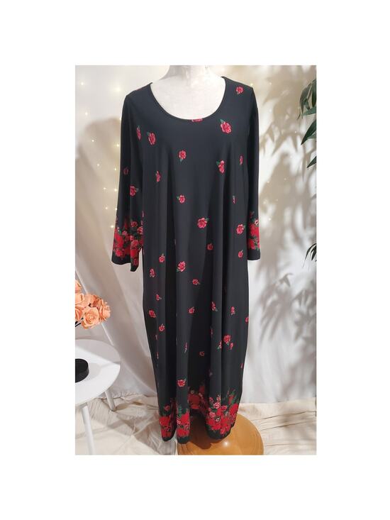 Ulla Popken Dresses & Skirts - Ulla Popken Floral Rose Scoop Neck 3/4 Sleeve Maxi Dress Size 28/30 Black Red